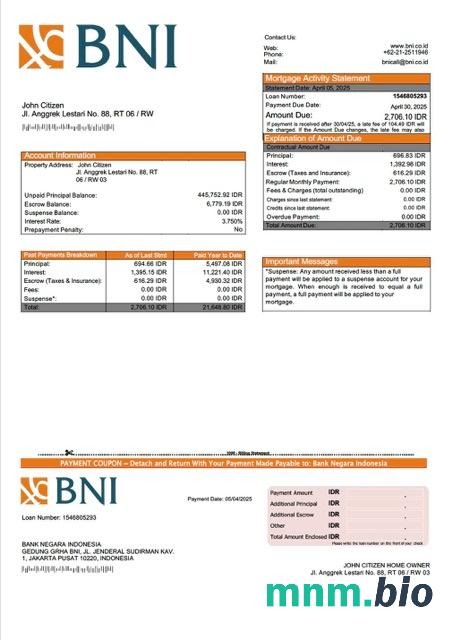 Indonezja Bank Negara Indonesia (BNI) wyciąg z kredytu hipotecznego szablon Word i PDF